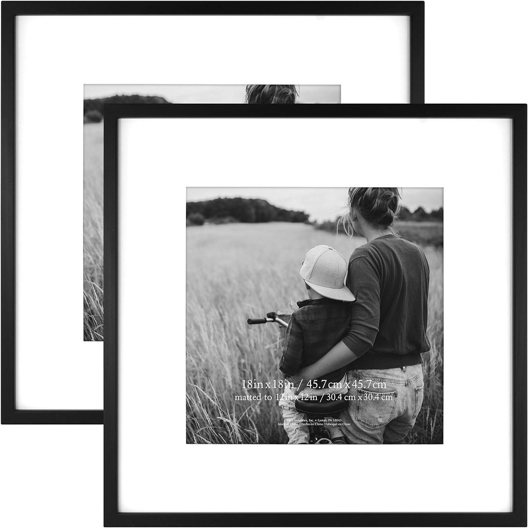MCS East Village 18x18 Matted Square Picture Frame with 12x12 Photo Display, Black Wall Hanging Frame for Photos & Posters (2-Pack)