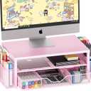 Desk Organizers and Accessories, 2-Tier Computer Monitor Stand Riser with Drawer and 2 Pen Holders, Office Desk Accessories for Office Supplies, Pink