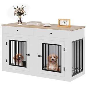 YITAHOME 60" Wooden Dog Crate Furniture with Removable Divider & Storage Drawers, Double Door Kennel with Locks for Medium and Large Dogs, Multi-Functional Dog Crate End Table for Indoor use, White