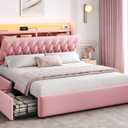 Queen LED Velvet Bed Frame with 2 Storage Drawers&Hidden Headboard, Upholstered Platform Bed with Charging Station&Button Tufted Design, Wooden Slats Support, Box Spring Optional, Easy Assembly, Pink