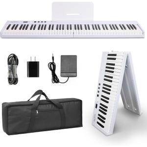 AiJoy 88-Key Piano Keyboard with Semi-Weighted Keys Portable Folding Piano, 128 Tones, Speakers, USB-MIDI, Carry-Bag, Sustain Pedal, Stand Electric Keyboard Piano for Beginners, White