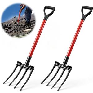 2 Pack 4 Tine Roofing Shovel 43.3 Inch 4 Tine Tear Off Tool Garden Spading Fork with D Grip Handle for Shingles Underlayment Nails Soil Turning Yard Landscaping Home Repair Work Roofing Projects