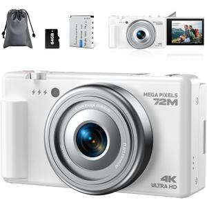 4K Digital Camera for Photography, 72MP Vlogging Camera for YouTube, Autofocus Digital Cameras with 270 Flip Screen, 18X Digital Zoom Point and Shoot Cameras with 64GB TF Card & Battery, Carry Bag (Pure White)