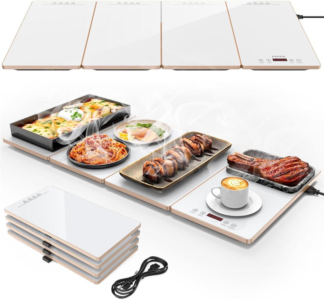 FEPPO Food Warmers for Parties Buffet 4-in-1 Electric Warming Tray for Food with 10 Temp Settings & Timer, 33"x15" Glass Surface, Modular Buffet Hot Plates for Catering & Gatherings