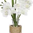 Oairse White Orchids Artificial Flowers with Vase, Small Faux Orchid Arrangement Fake Flower in Woven Glass Vase Small White Centerpieces for Kitchen Dining Room Tables Bathroom Nightstand Decor