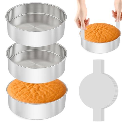 tutikuki 6 Inch Cake Pan - 3PCS Stainless Steel Smash Cake Baking Pans Tins with 100 PCS Parchment Paper, Round Bakeware for Party Birthday Wedding, Mirror Finish & Dishwasher Safe