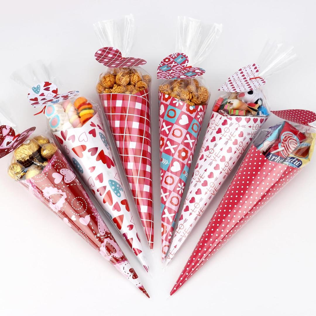 2 x Giiffu Valentines Day DIY Craft Gift Kit for Kids  60 Pack Cone-Shaped Clear Treat Bags with Wrapping Papers, Heart Tags & Cards for Classroom Exchange, School Parties & Valentine Goodie Bags (pink)