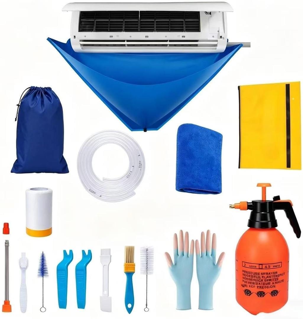 17Pcs Mini Split Cleaning Kit with 2L High Pressure Sprayer, Waterproof PVC AC Cleaning Cover Bag & HVAC Tools, Reusable Fits 27-37in 9000-12000BTU Ductless Wall Mounted AC Units