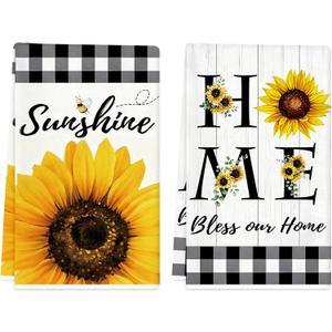 TAJWE Spring Kitchen Towels 18x26 Inch Set of 2 Sunflower Floral Sunshine Buffalo Plaid Dish Towels Farmhouse Summer Holiday Absorbent Decorative Grid Hand Towels for Kitchen Bathroom Home Decoration