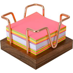 Walnut Wood Sticky Note Holder, 3 x 3 inch Self Stick Note Pad Holder, Post It Note Dispenser Desk Accessories for School and Office Desk Organizer, Rose Gold