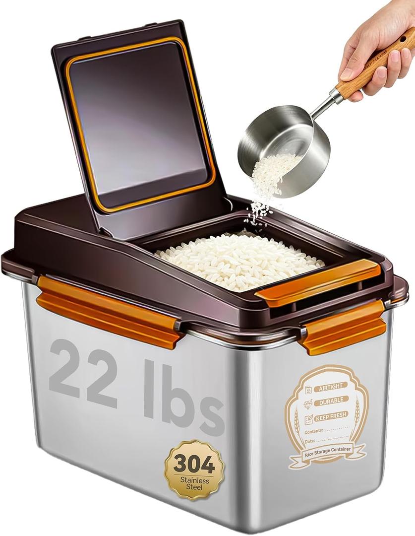 Supowin 304 Stainless Steel Rice Storage Container 22 Lbs with Lid, 10 L