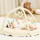 ANGELBLISS 5 in 1 Baby Play Gym Mat, Reversible Tummy Time Mat with 5 Sensory Toys for Stage-Based Developmental, Thick & Large Baby Activity Center from Newborn to Toddler (Beige)
