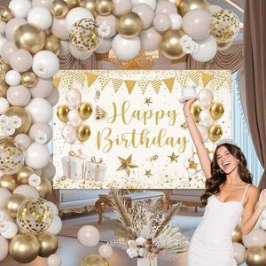 White and Gold Birthday Decorations Kit for Women Girls - Happy Birthday Banner, Confetti Foil Balloons, Balloon Arch Garland - Perfect for 30th, 40th, 50th Birthdays,Plates