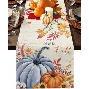 Hello Fall Table Runner Dresser Scarf 13 x 72 Inch Thanksgiving Harvest Pumpkin Maple Leaves Table Runners Non-Slip Heat Insulation Kitchen Dining Table Decor for Autumn Holiday Party Indoor Outdoor (Beige Orange Blue)