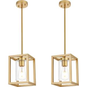 2 Pack Gold Pendant Light Metal Frame with Clear Glass Shade Kitchen Island Chandelier, The Single Hanging Light includes four 4 rods(1 rod=10 inch) 