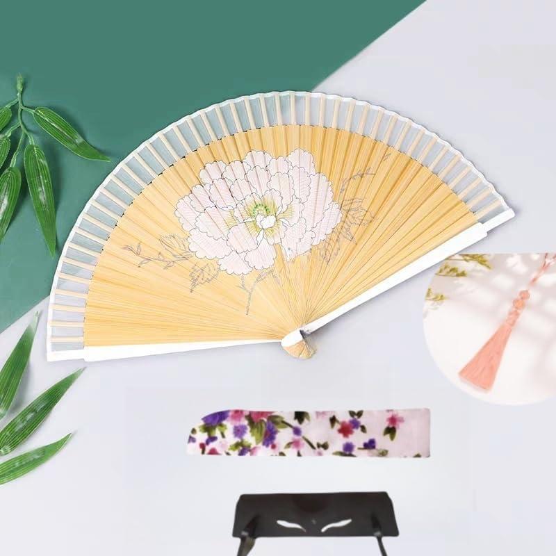 Small Handheld Silk Folding Fan with Bamboo Frames 8.66"(22cm) Chinese/Japanese Style Hand Fan for Dancing Cosplay Wedding Party Props Decoration,Birthday Gift (White Peony)