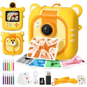 Kids Camera Instant Print, 7 Print Paper (4 Color: O/R/G/B+3 B&W), 2.4" Screen Instant Camera for Kids Ages 3-12,1080P, 180Flip Lens,32GB Card- Christmas Birthday Present for Boys & Girls,M2