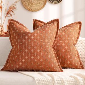 ZWJD Fall Pillow Covers 18x18 Set of 2 Soft Polyester Textured Pillow Covers with Stylish Flange Edge Cozy Farmhouse Throw Pillows for Couch Bed Sofa Living Room (Burnt Orange)