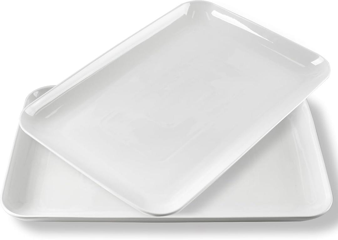 DELLING 18 Inch Large Serving Platter Set of 2, White Porcelain Serving Trays 18" x 12.3", Rectangular Platters for Turkey Fruit Appetizer Party, Oven Microwave Dishwasher Safe, Wedding Entertaining