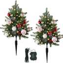 Sunnyglade 27" Set of 2 Artificial Outdoor Christmas Trees with 60 LED Lights, Faux Xmas Tree Decor with Ground Spike & 20 Ornaments, Lighted Fake Tree for Indoor Outdoor Christmas Decor