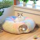 Cat Tunnel Bed for Indoor Winter, Warm Fluffy Plush Multicolored Donut Game with Central Mat, 2-in-1 Design Pet Playground Toys Hide Place for Indoor Kitten Puppy Rabbit Ferret