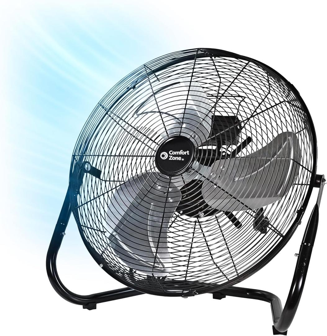 Comfort Zone Cradle Floor Fan, Electric, High-Velocity,180 Degree Adjustable Tilt, 18 inch, 3 Speed, Carry Handle, Rubber Feet, Metal, Airflow 19.36 ft/sec, Ideal for Garage or Workshop, CZHV18BK