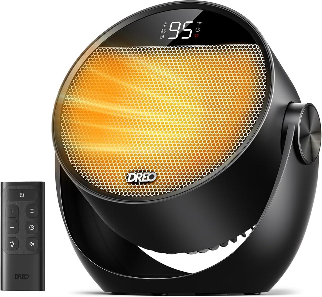 DREO Space Heater 1500W, 60 Adjustable Tilt, 10.5ft/s Portable Electric Heaters for Indoor Use with Thermostat, 8 Safety Protections, 3 Modes, Remote, Quiet Desk Heater for Bedroom, Office, Black