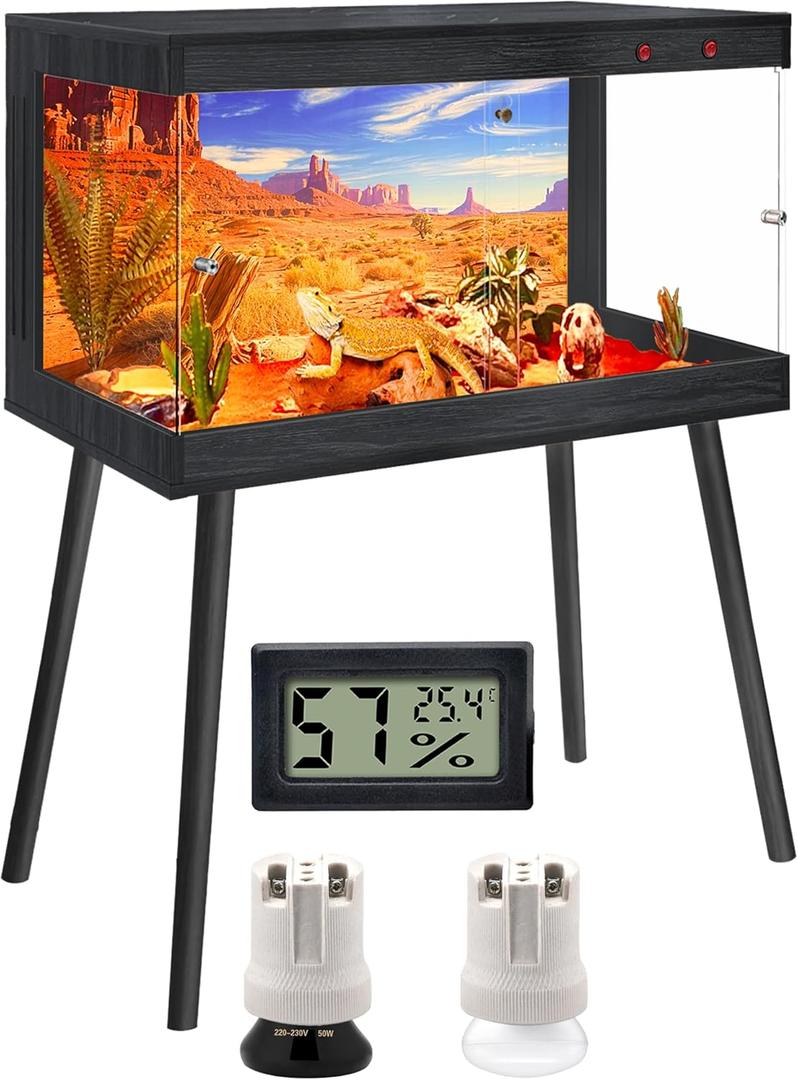 Royxen Bearded Dragon Tank, 31 Gallon Reptile Tank with Leg Stand,Built-in Lighting Reptile Enclosure, Tempered Glass Bearded Dragon Encloure for Chameleon (Black,24"x 16"x 16")