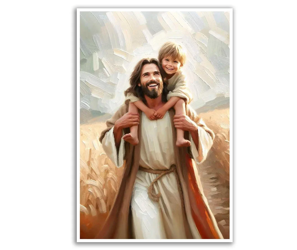 FIWCQBTD Jesus Portrait Canvas Wall Art Carrying a Child with Children Print Picture Modern Religious Theme Painting Christian Poster Bedroom Decor Bible,16Lx12W
