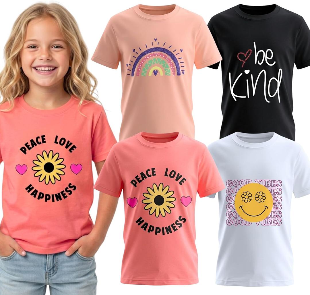 MISS POPULAR Girls 4-Pack Super Soft Short Sleeve T-Shirts Rainbow Butterfly Glitter Print Cute Design| Sizes 7-16