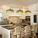 42'' Green Linear Chandeliers for Dining Room, 3-Light Glass Chandelier Kitchen Island Lighting Fixtures, Brass Gold Farmhouse Chandeliers for Kitchen Bar Dining Room