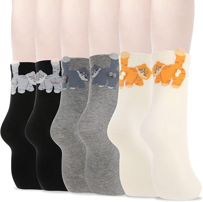 3 Pairs Cute Funny Animal Socks with Balls for Women Novelty 3D Cotton Animal Pom Pom Socks