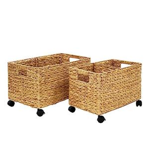 PEMAR Rolling Wicker Storage Basket Set of 2 Natural Water Hyacinth & Seagrass Bins on Wheels with Removable Divider & Insert Handles Nesting Design for under Desk, Home & Office Organization