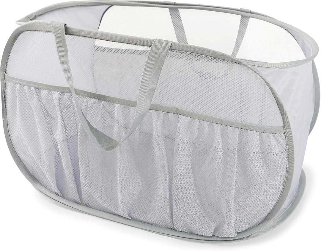 Collapsible Laundry Baskets, Upgrade Pop Up Laundry Hamper with Convenient Bags, Foldable Laundry Basket Mesh Light Weight, Easy to Carry Clothes Hampers for Laundry, Dorm, Toys, Travel Grey