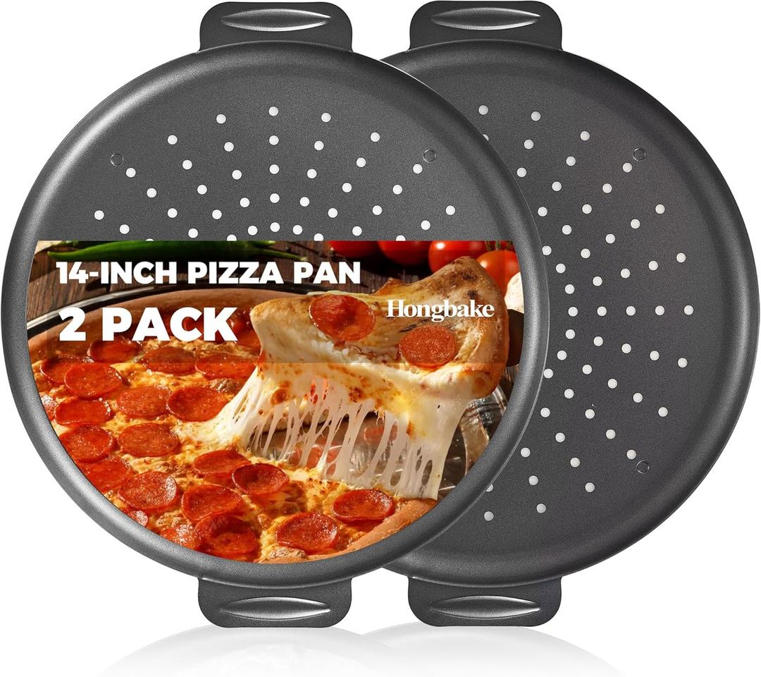 HONGBAKE 2 Pack Pizza Pan 14 Inch with Holes, Rust-Free Nonstick Pizza Pan for Oven, 0.8mm Carbon Steel Perforated Pizza Tray with Wider Handles, Round Baking Sheet for Frozen & Homemade Pizza, Grey (Gray)