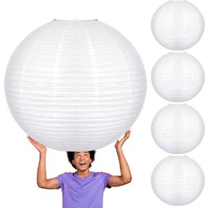 Glooglitter 5 Pcs 30 Inch Large White Paper Lanterns Gaint Chinese Moon Round Paper Lamp Japanese Jumbo Hanging Lanterns for Wedding Graduation Bridal Shower Birthday Party Supplies Decoration