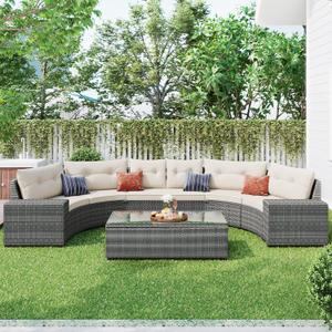 Merax 8-Pieces Outdoor Wicker Round Sectional Curved Sofa Set with Rectangular Coffee Table, PE Rattan Water-Resistant and UV Protected, Movable Cushion, Half-Moon Style, Beige