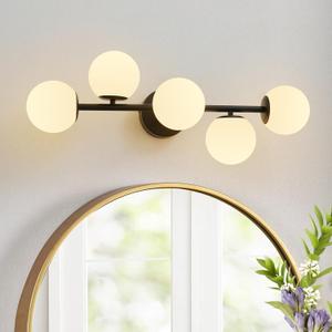 27" Mid Century Modern White Globe Black LED Bathroom Vanity Light, Milk White Glass