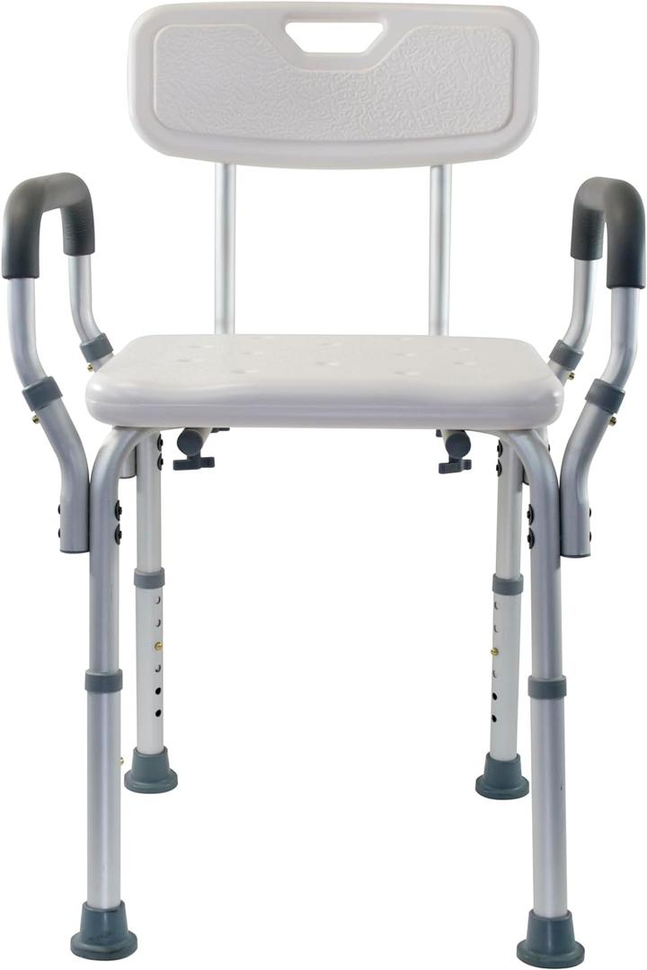 Essential Medical Supply Height Adjustable Shower and Bath Bench with Back, Padded Arms and Textured Seat - Perfect Shower Chair for Inside Shower or Tub for Seniors and Adults - Supports 300lbs.