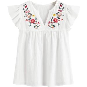Floerns Women's Floral Embroidered V Neck Ruffle Cap Sleeve Peplum Blouse Top (Large)