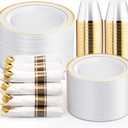 WELLIFE 350Pcs White and Gold Plastic Plates for 50 Guests - Plastic Dinnerware Set, Includes 100 Gold Plates,150 Silverware,50 Napkins,50 Cups for Party,Disposable Plates for Party