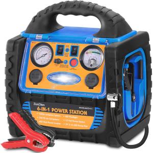 6-in-1 1800 Amp Jump Starter with Air Compressor 260PSI Tire Inflator, 12V Car Battery Jumper Starter Booster Pack for Truck Automotive Battery, Portable Power Station 400W AC Power Inverter