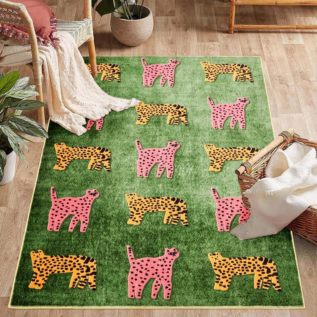 Leopard Washable Rugs, Tribal Oriental Cute Aesthetic Indoor Living Room Carpet, Green Cheetah Tropical Animals Boho Vintage Distressed Hippie 6x9 Area Rugs for Dining Room Bedroom Nursery Entryway