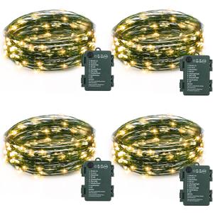 4 Pack Fairy Lights Battery Operated, 16.4 Ft 50 LED Starry Fairy Lights with Auto Timer Dark Green Copper Wire Twinkle Lights for Wedding Bedroom Christmas Decor (Warm White)