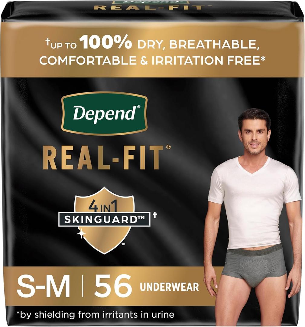 Depend Real Fit Incontinence Underwear for Men, Disposable, Maximum Absorbency, Small/Medium, Grey, 56 Count (2 Packs of 28), Packaging May Vary