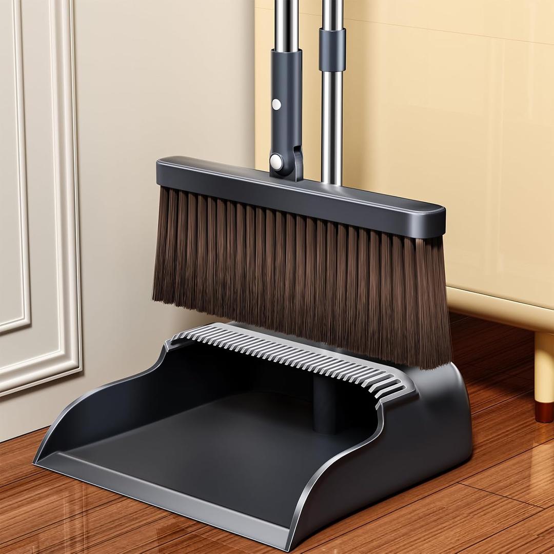 Broom and Dustpan Set, 51.6" Long Handle Broom with Dustpan Combo Set with Dustpan Teeth & Two Broom Heads, Brooms with Dust Pan for Sweeping Indoor Home Kitchen Office Lobby Pet Hair