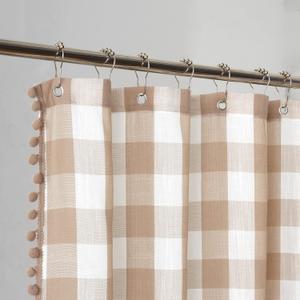 VOILYBIRD Tan and White Shower Curtain Linen Texture Buffalo Plaid Farmhouse and Boho Mix with Pompom 36" W x 72" L
