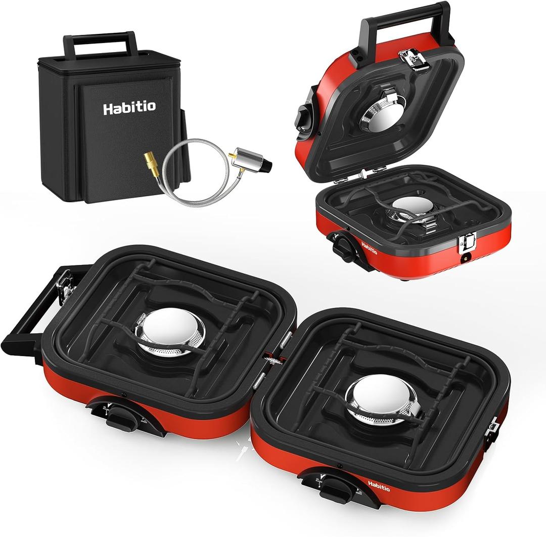 2-Burner Camping Stove Foldable, Portable Propane Camp Stove with 16000 BTU Adjustable Burners and Piezo Ignition, Folding Stove with Carry Bag & Handle for Camping, Tailgating, Backyard BBQ - Red
