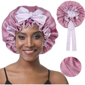 Satin Bonnet Silk Sleep Cap, Double Layer Tie Band Adjustable Bonnet for Women Curly Hair Care (Purple)