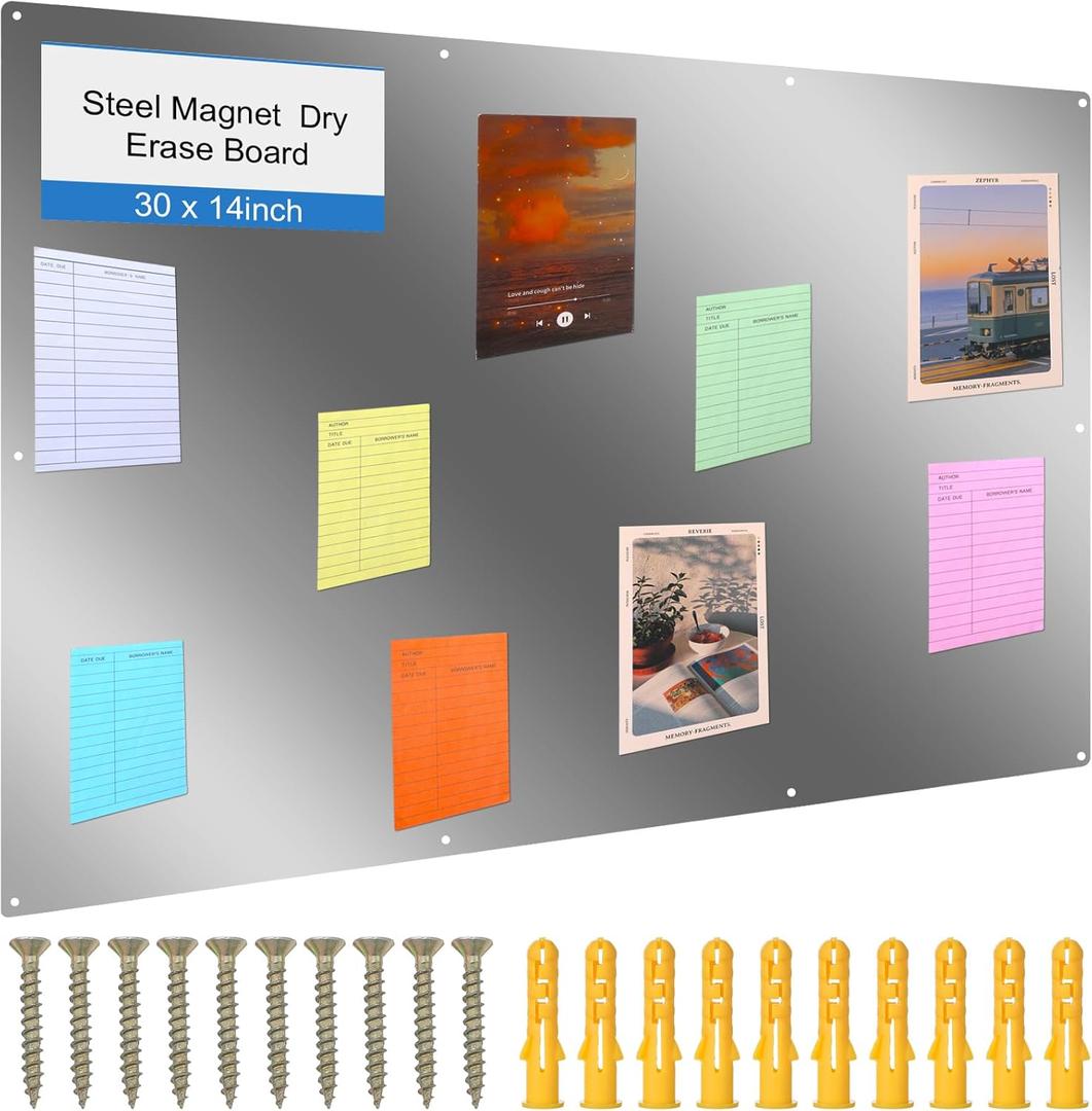 Ireer Magnetic Board Steel Magnet Bulletin Boards for Walls to Display Magnetic Notes Photos for Home Office Classroom, Pre Drilled with Screws and Dry Wet Erase Feature(Steel Color,30 x 14 Inch)